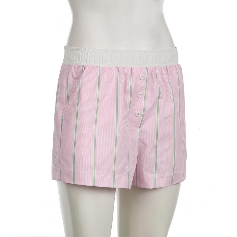 Summer Women's Pant  Clashing Button Splicing Stripe Loose Pocket Simple Casual Street Shorts