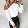 Solid Large Size One Color Shoulder Chain Shirt Decor Long Sleeve Button Decor Slant Neck Pullover Soft