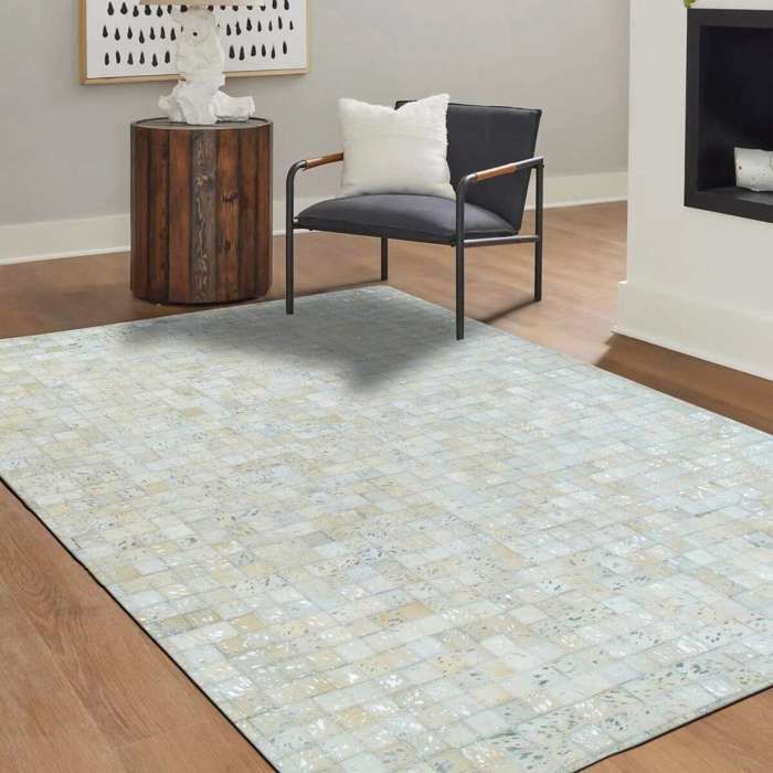 Tapis en cuir véritable blanc et argenté 120x170