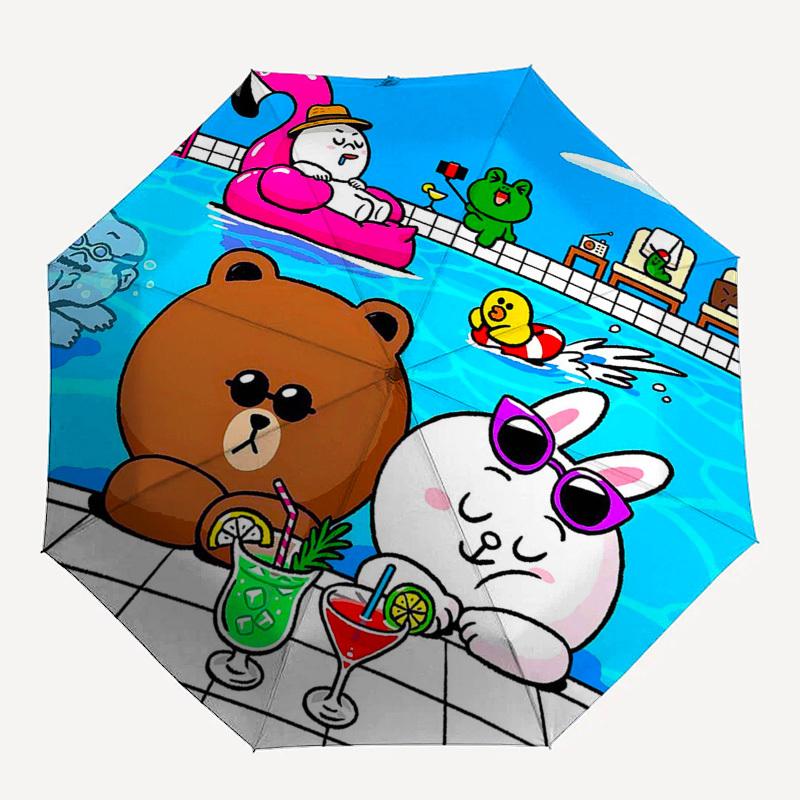 1pc Outdoor Umbrella with Flamingo, Frog, Brown Bear, Cony, and Duck Print - Automatic Opening/Closing Umbrella with Portable Tri-Fold Design, 8-