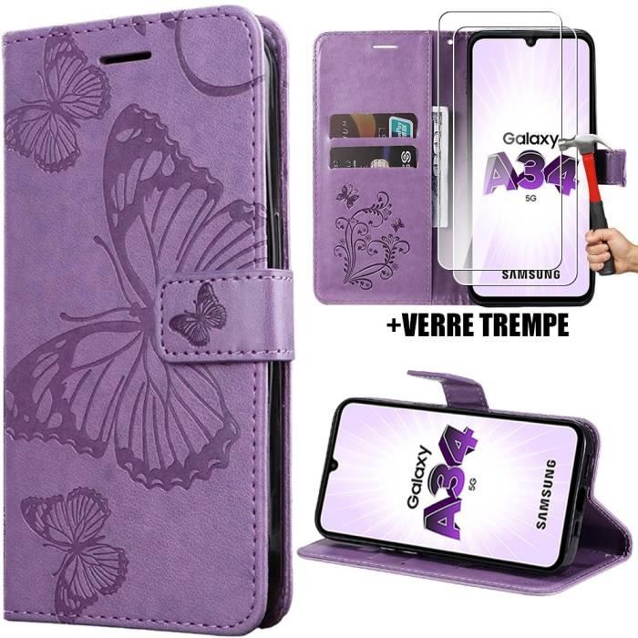 Coque pour Samsung Galaxy A34 5G, Protection avec Motif Papillon Cuir Synthétique Violet + 2 Verres Trempés 9H