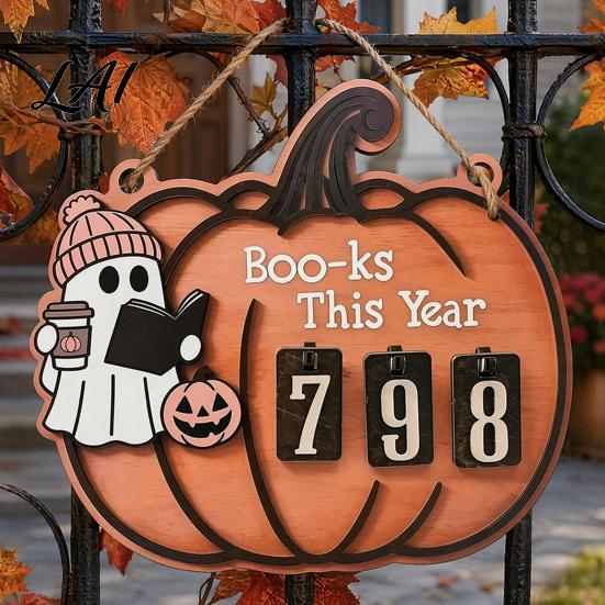 Halloween Reading Counter Ghost Pumpkin Tracker Wooden Hanging Sign Sliding Number for Book Read This Year Digital Spooky Decor with Jute