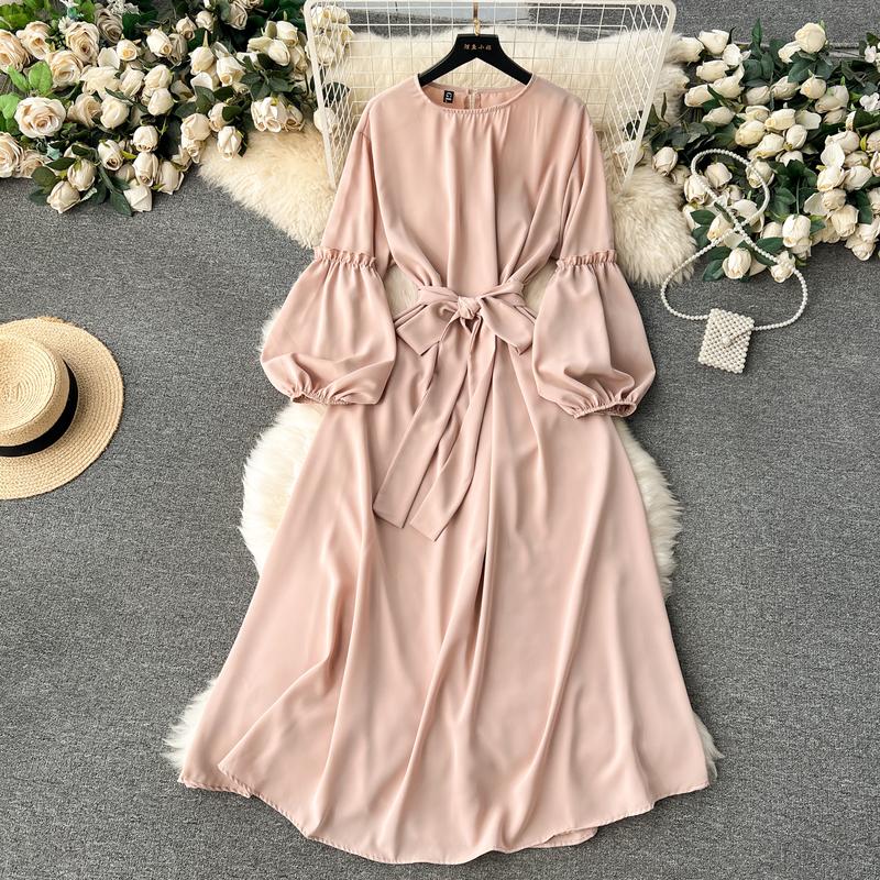 Женские винтажные милые платья средней длины с высокой талией А-силуэта с круглым вырезом и рукавами-фонариками на шнуровке Vestidos весна-лето Женское платье