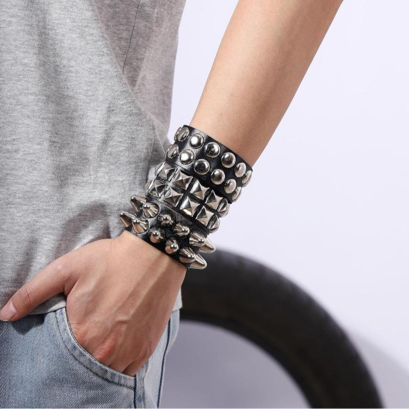 Yupsk Square Wide Punk Chunky Rivet Leather Bangle Rock Rows Nails Wristband Adjustable Size Jewelry Bracelets & Bangle