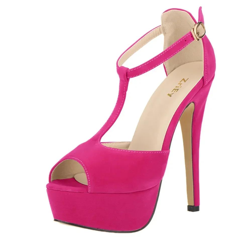 Новые женские босоножки на платформе из замши на высоком каблуке 14 см, сексуальные туфли-лодочки с открытым носком и ремешком на щиколотке, туфли-лодочки с Т-образным ремешком для вечеринки и свадьбы