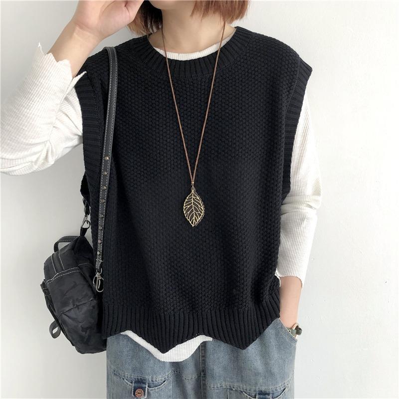 Однотонный вязаный жилет для женщин на осень, свободный круглый вырез, неровный пуловер, короткий жилет, жилетное плечо, внешний слой