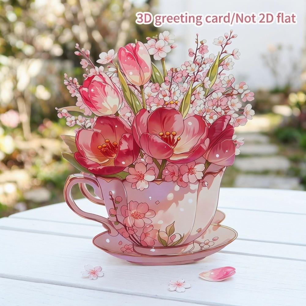 Handmade Flowers Teacup Greeting Card Surprise Gifts 3D Pop Up Bouquet Card  Wedding