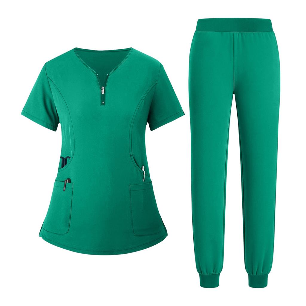 Women's Uniform Quick Drying Fabric Solid Color V-neck Zipper Pocket Short Sleeved Pants Set Caregiver Set