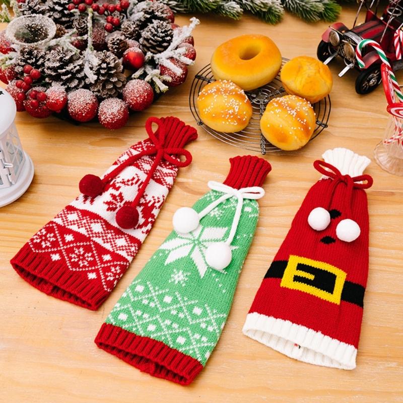 3-piece Festival Snowflake Knits Чехлы для винных бутылок Покрытие для винных бутылок Для рождественского празднования Фестивальное платье для вина