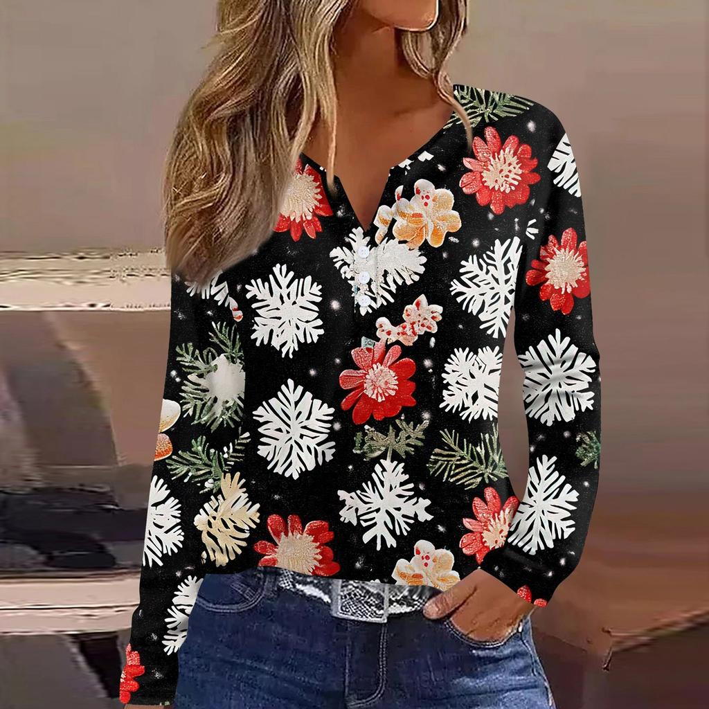 Женская футболка с рождественским принтом на пуговицах с длинным рукавом, повседневная, выходного дня, модная, базовая, с V-образным вырезом, обычная
