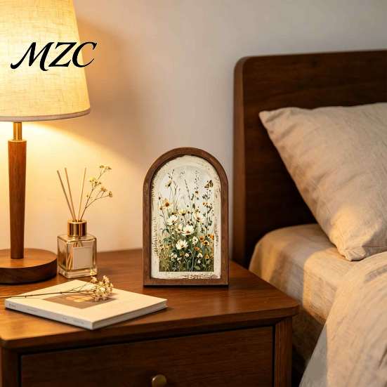 Vintage Wildflower Picture Arched Wooden Framed Wall Art, Farmhouse Oil Painting Prints, Tabletop Wood Frame Ornament for Living Room Bedroom