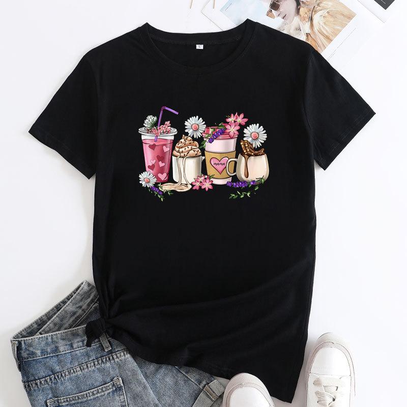 COTTON 100% Women's Milk Tea Cup Print round Neck Short-Sleeved T-shirt European And United States Style Casual Top Clothing