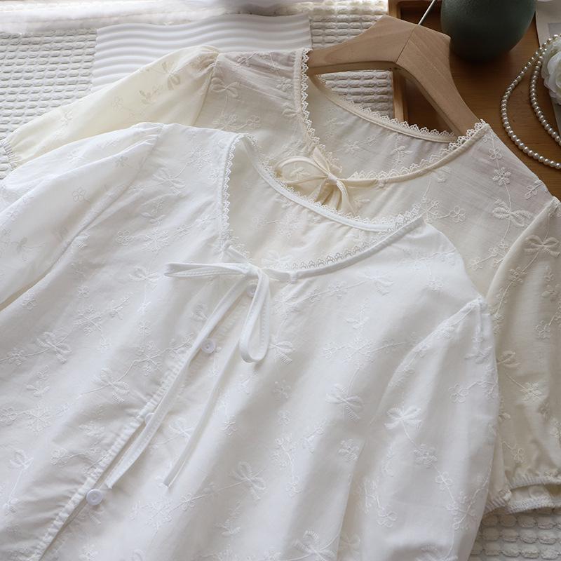 Корейская кружевная жаккардовая рубашка с рукавами-пузырями и завязками для женщин - Коллекция Лето 2025