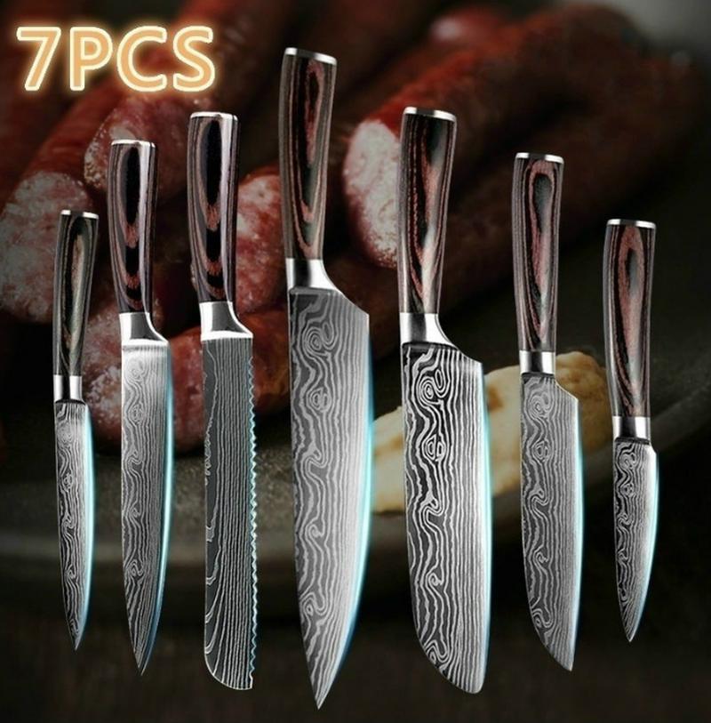 7-piece Laser Damascus Pattern Chef's Knife Sharp Santoku Meat Cleaver Slicing Utility Knife Tool
