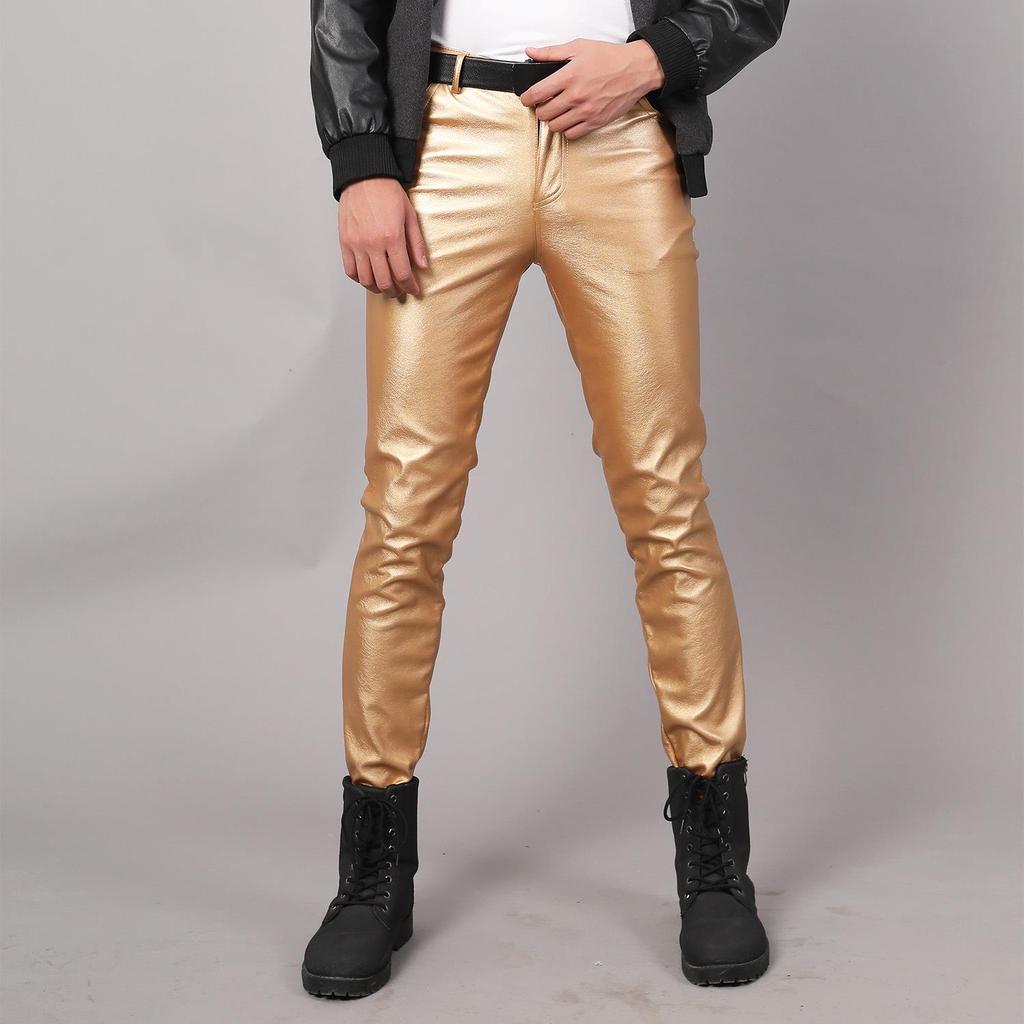 Men's Korean Style Slim Fit Motorcycle Leather Pants - Fleece-Lined, Skinny, Elastic, Spring/Autumn Trend