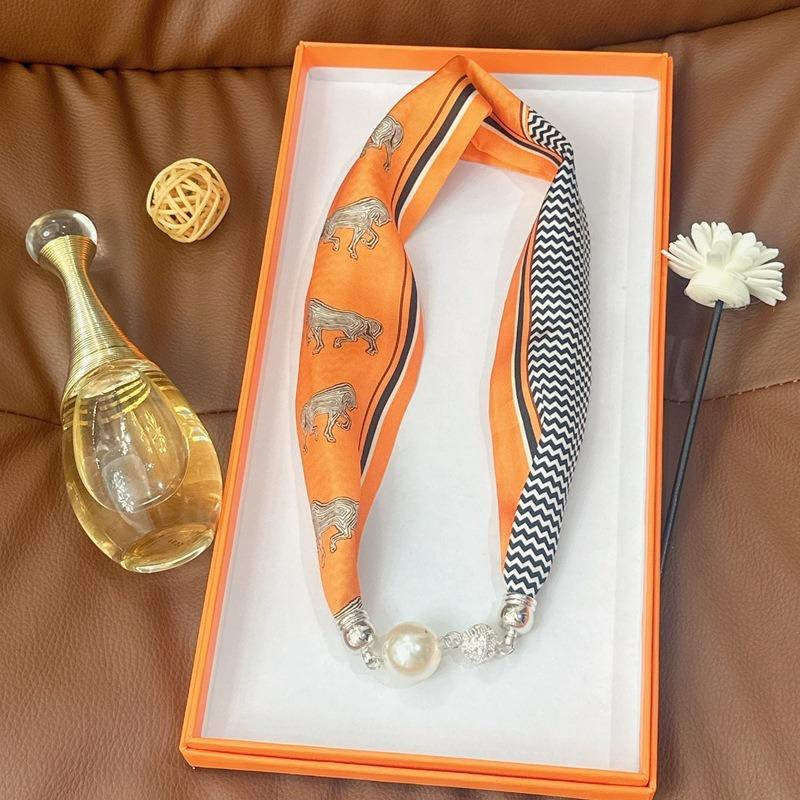 Silk Scarf Women's Spring, Autumn and Summer New Fashion Neck Protection Decoration Long Necklace Type Magnetic Buckle Scarf Small Scarf