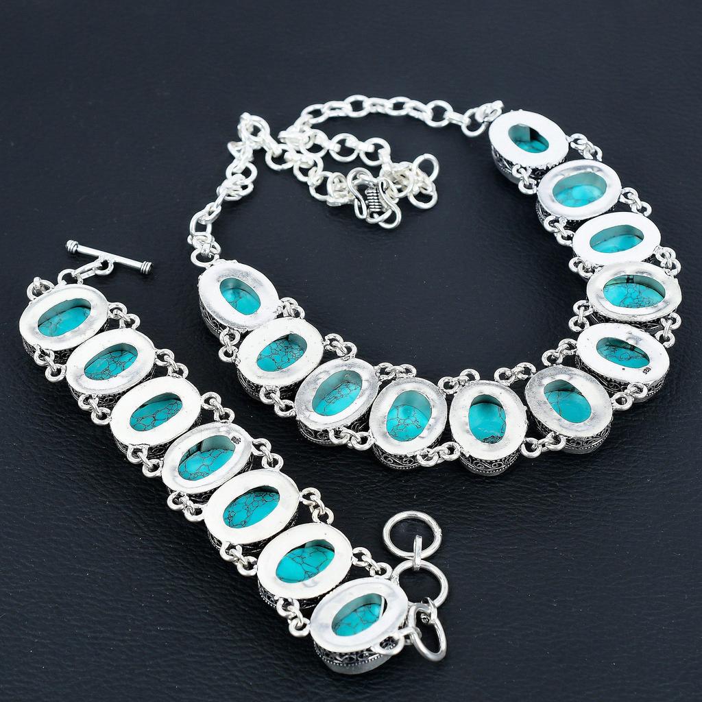 Natural Turquoise Gemstone Handmade 925 Sterling Silver Jewelry Neclace Bracelet Set, Antique Jewelry Set, Thanksgiving Gift