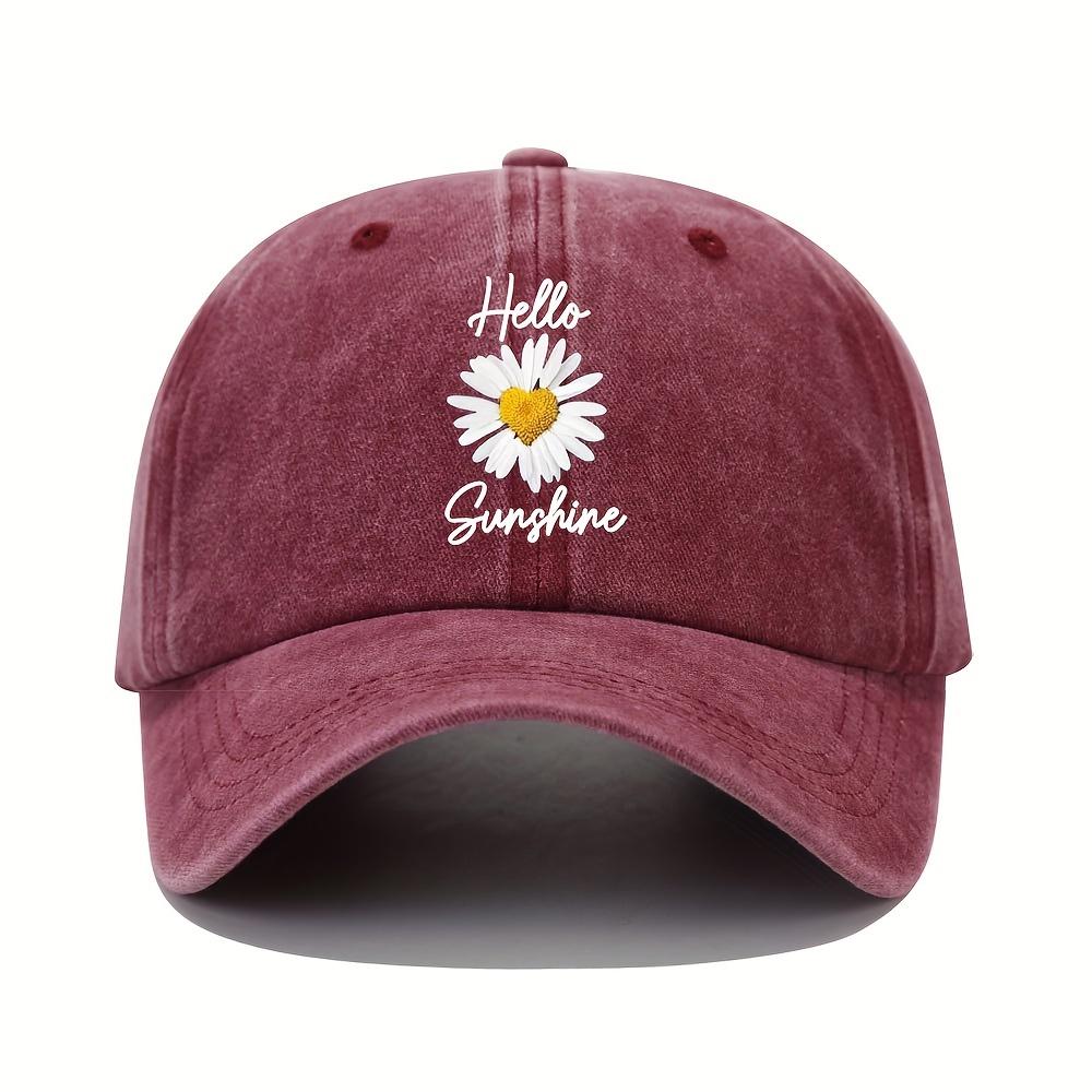 Hello Sunshine Daisy Printed Distressed Baseball Cap Lightweight Dad Hat with Adjustable Curved Brim Multiple Colors Availab