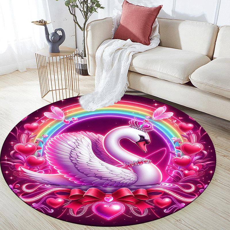 1pc Soft, Absorbent & Non Slip Pink love swan and rainbow Round Rug Soft Circle Rug for Living Room & Bedroom Decor, Chair Mats, and Unforge