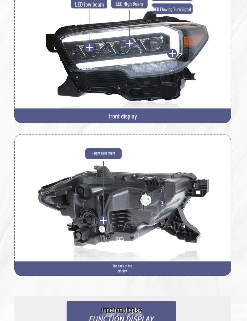 Совместимо с узлом фары Toyota Tacoma 2016-2020 годов, оснащенным светодиодными дневными ходовыми огнями и последовательными линзами проектора.