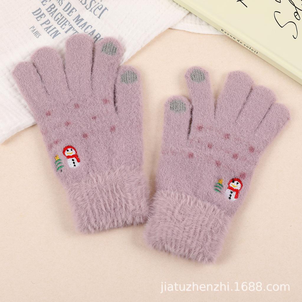 Korean Touchscreen Christmas Aesthetic Cute Snowman Embroidered Plush Gloves Women Winter Fleece Warm Gloves