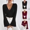 Women Bottoming Tops V-neck Flared Long Sleeve Slim Fit Knitting Tops Solid Color Autumn Winter Blouse