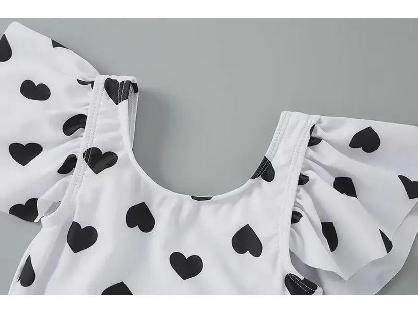 2024 Korean Girl's One-Piece Swimsuit: Black & White Heart with Bow and Lotus Leaf Sleeves.