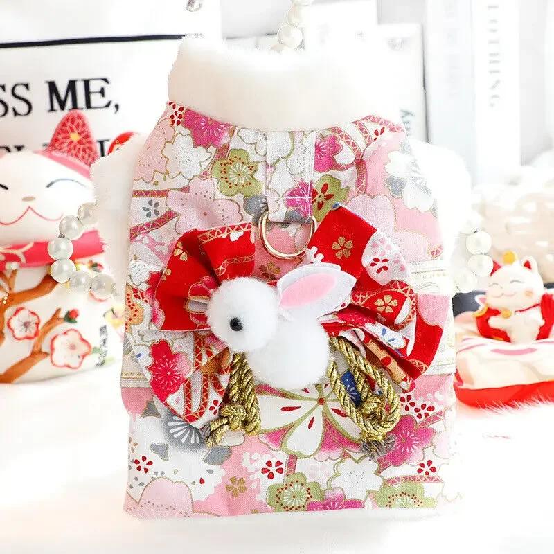 Японский теплый костюм для кошки и собаки, кимоно принцессы Сакуры, бант, одежда для питомца, куртка, цветочная печать, товары для собак