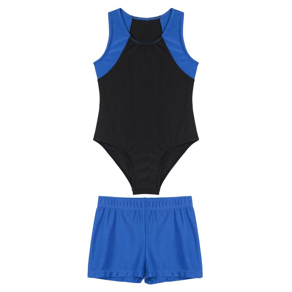 Kids Boys Round Neck Sleeveless Leotard Bodysuit Jumpsuit with Shorts Set for Gymnastic Yoga Workout Competition