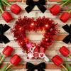 Prelit Valentine's Day Heart Shaped Wreath with String Light Red Tinsel Wreath with Foil Hearts for Wedding Anniversary Front Door Wall Decor
