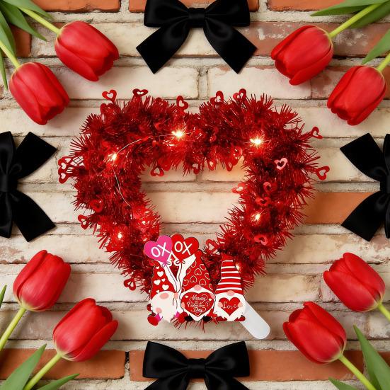 Prelit Valentine's Day Heart Shaped Wreath with String Light Red Tinsel Wreath with Foil Hearts for Wedding Anniversary Front Door Wall Decor