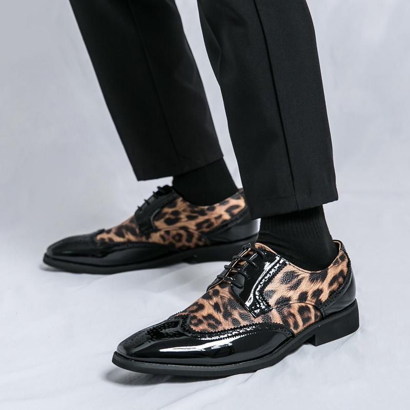 Men Big Size Leopard Print Formal Lace-Up Brogue Shoes Wedding Groom Business Dress Shoes Comfortable Leather Wedding Party Shoe