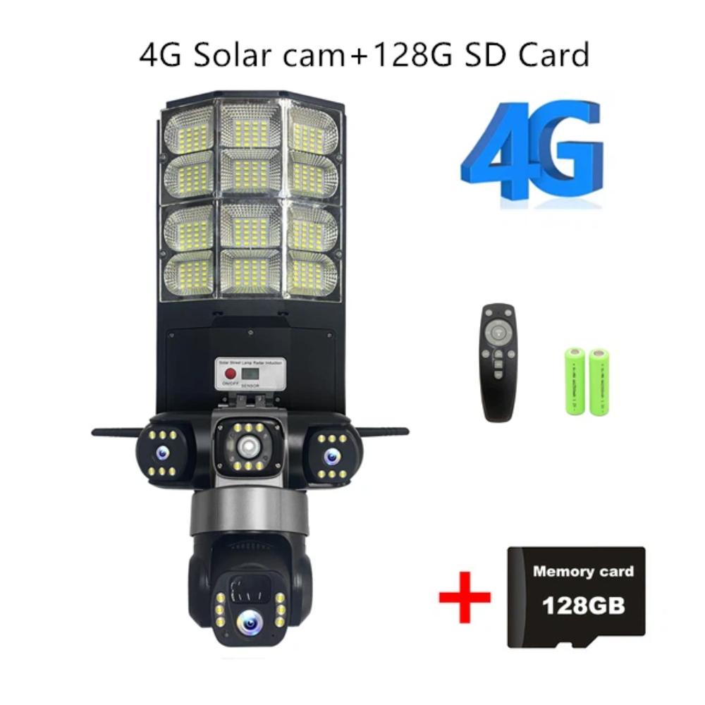 Solar 4G Street Light Camera, 10X Zoom, 3-Lens Recording, Humanoid Tracking, Outdoor Camera Lamp, Remote Control, Waterproof Design