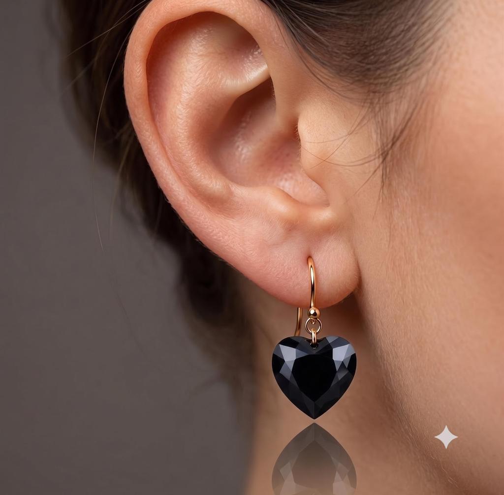 Black Onyx Earring, Drop Dangle Earring, Heart-Cut Gemstone, Black Drop Earring, 925 Sterling Silver, Gold Hook Earring, Valentine Day Gift