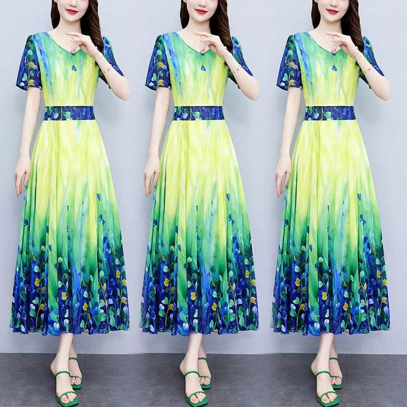 Женское летнее платье, большое шифоновое платье M-5XL, женское платье, утягивающее и утягивающее талию, платье с принтом