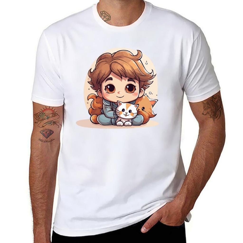 Baby Anime Character With Cat Tshirt T Shirts With Prints T Shirts For Unisex Graphic Vintage Tshirt