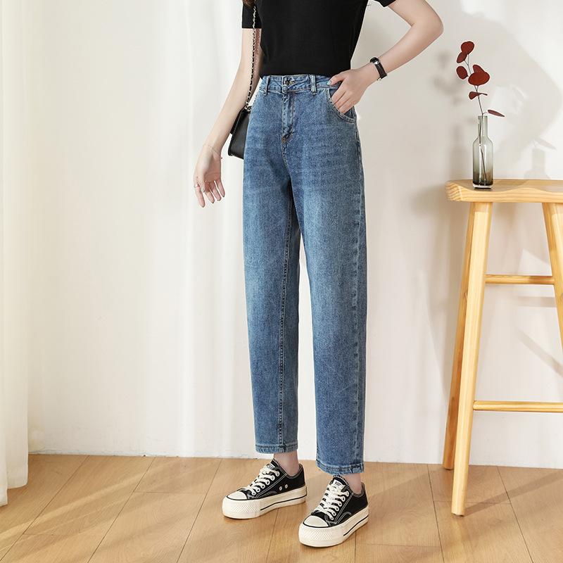Женские весенне-осенние повседневные брюки большого размера с высокой талией, свободные прямые джинсы, джинсовые укороченные брюки