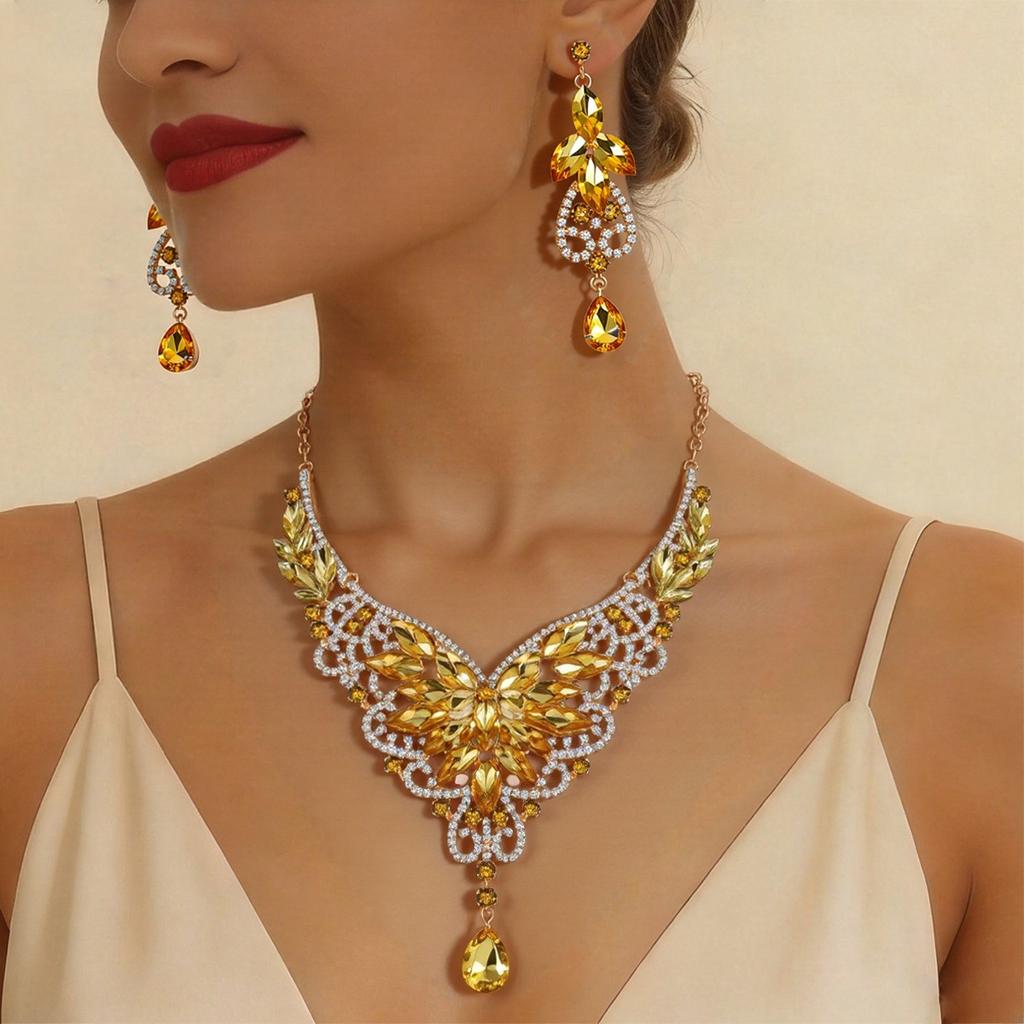 Retro Design Crystal Gemstone Jewelry Set for Women Elegant European Style Necklace Earrings Fashion Daily Accessories