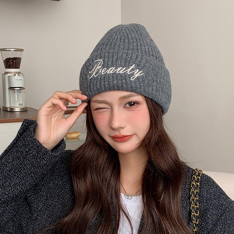 Warm ear protection knitted hat children's winter versatile letter embroidery cold hat big head circumference showing face small wool hat