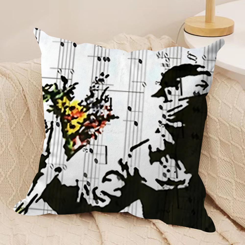 Graffiti Artist BBanksy Cushion Cover Silky Short Plush Invisible Zipper Dustproof Sofa Pillow Case For Home Decor