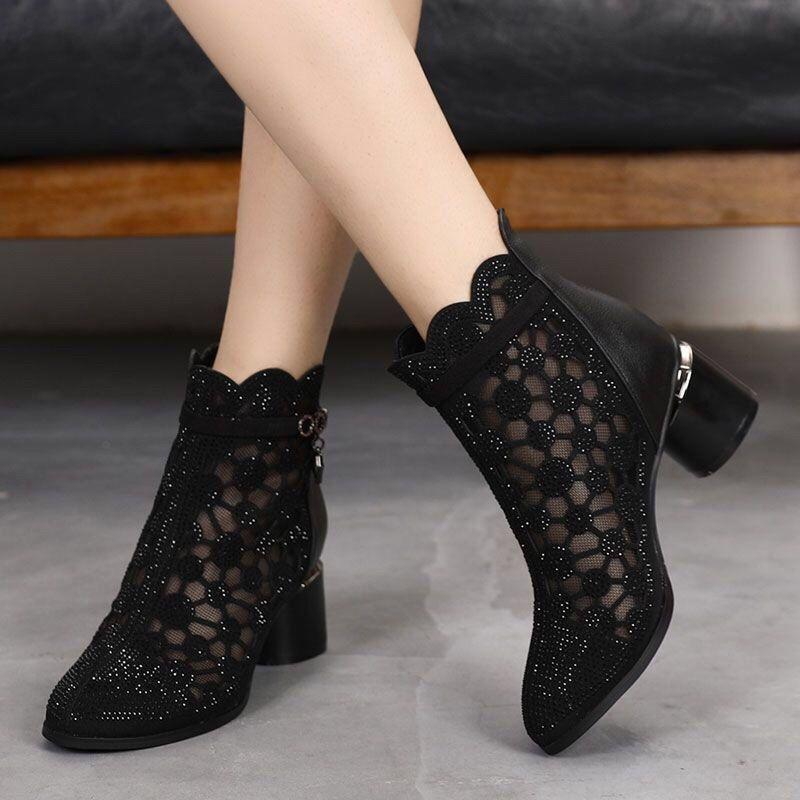 Soft Leather Mesh Cool Boots Spring and Summer Hollowed Out Sandals Women's Rhine-drill Permeable Chunky Heel Ankle Boots Women's Single Boots