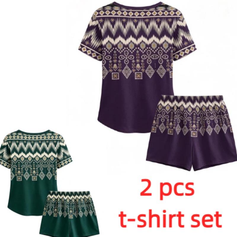 Summer Fashion Bohemian Ethnic Pattern Printed Round Neck Short Sleeved Kids T-Shirt And Shorts Set Boy's and Girl's T-shirt Shorts Set