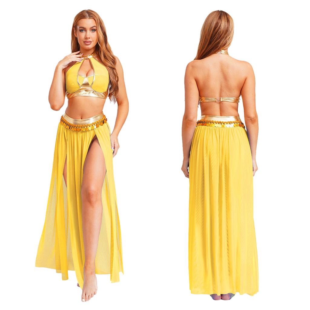 Women's Sequin Tassel Belly Dance Set - Halter Backless Crop Top & Split Mesh Skirt for Halloween