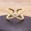 Luxury Cross X Shape Women Engagement Ring Full Paved Zircon Gold Color Elegant Simple Jewelry Open Adjustable Ring