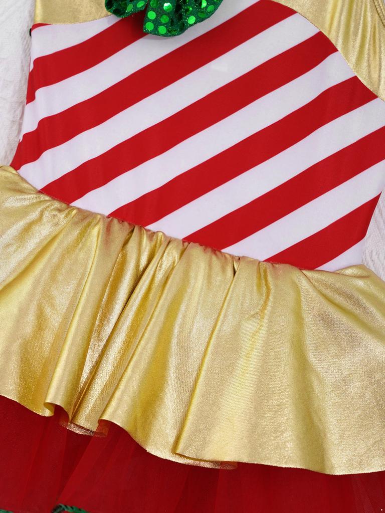 Girls Adjustable Straps Cami Dress Stripes Print Sequins Bowknot Mesh Tutu Dress Dance Jumpsuit Costume