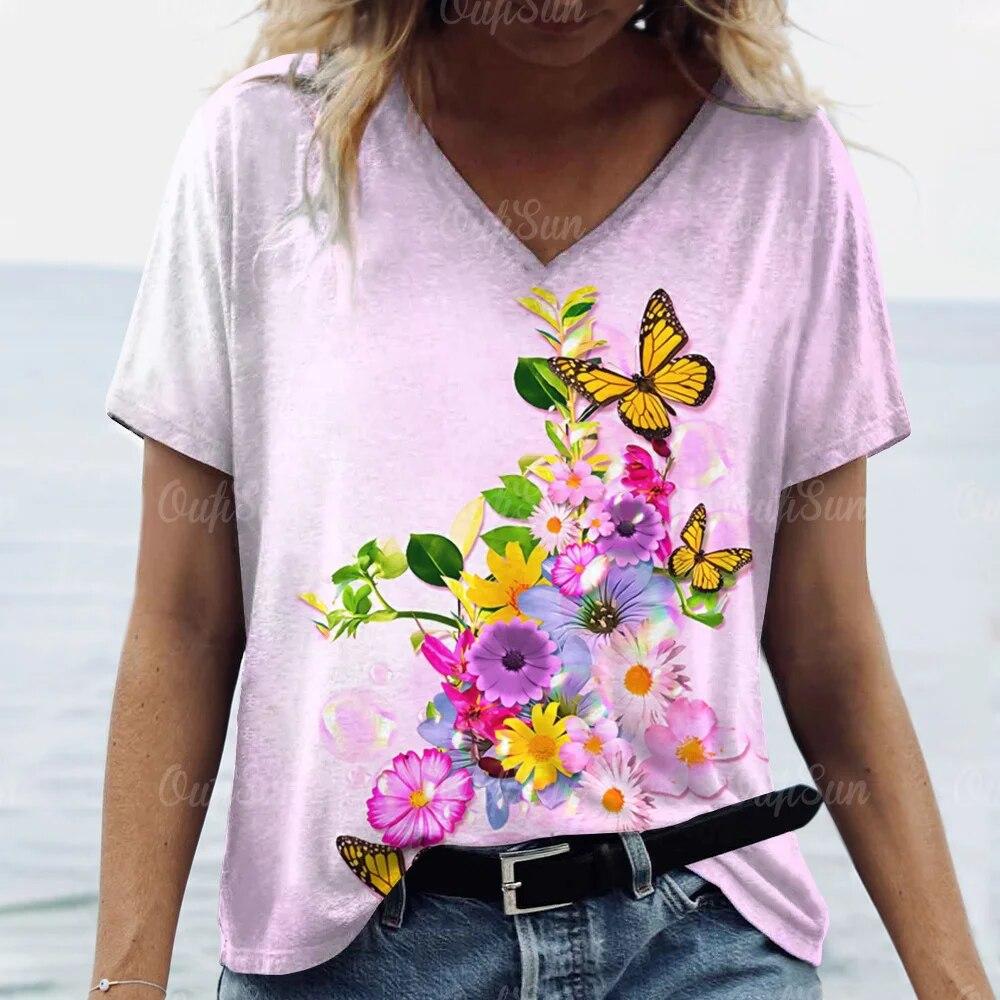 Топ женская футболка летняя мода с цветочным принтом бабочки футболки с короткими рукавами футболка с v-образным вырезом для женской одежды больших размеров