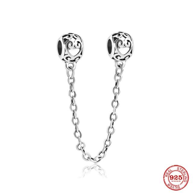 925 Sterling Silver Sparkling Clear Sparkle Flower Safety Chain Charm Bead Fit Original Bracelet Pendant DIY Jewelry