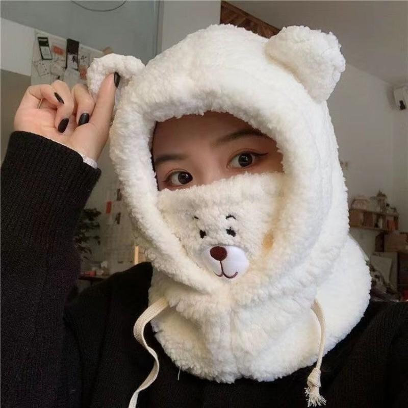 Bear Hat Mask Scarf Integrated Scarf Women's Winter Cold and Warm Cycling Windproof Cover Hat Mask Bear
