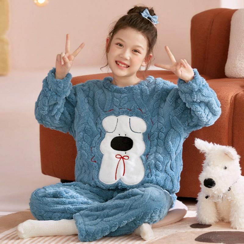 Girls Winter Coral Fleece Pajama Set Kids 8 Years Thick Warm Sleepwear With Cartoon Print