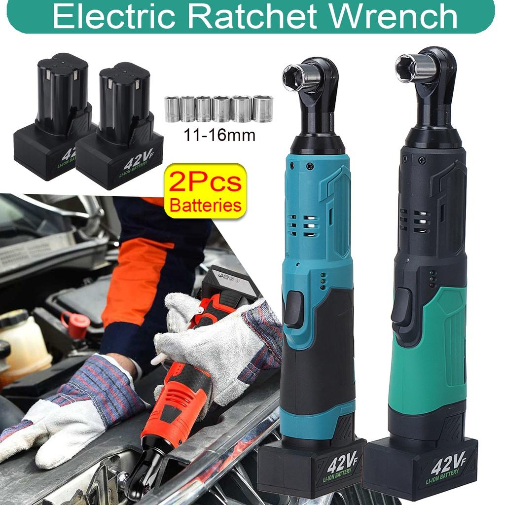 3/8"  Cordless Electric Wrench Ratchet 42V Rechargeable Scaffolding 100Nm Right Angle Wrench Tool + 2 Battery Charger